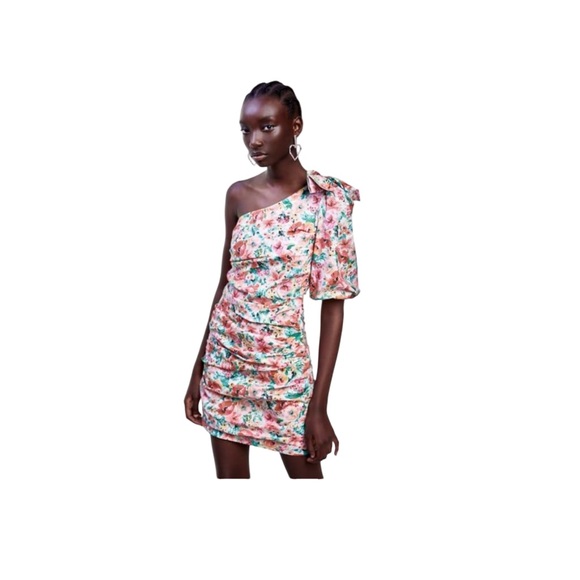 Zara Blogger Fave Soft Floral Puff Sleeve big Bow Mini Dress Small - Picture 1 of 10